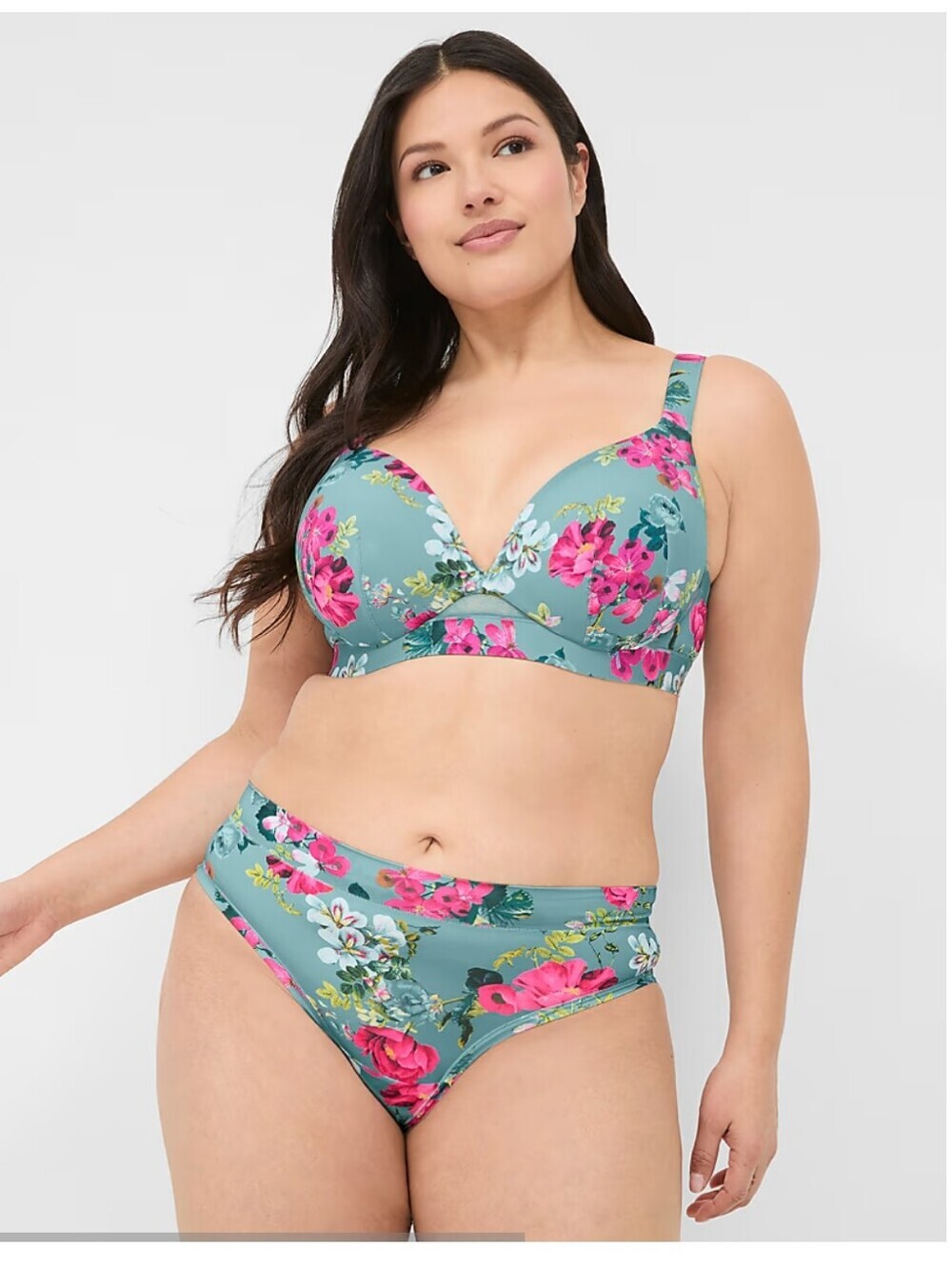 CACIQUE LIGHTLY LINED FULL COVERAGE TEAL BLUE FLORAL BRA WOMEN 42B LANE BRYANT